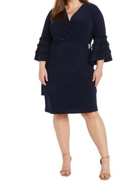 NWT R&M Richards Navy Dress w/ Ruffle Bell Sleeves and Rhinestone Brooch. 16W